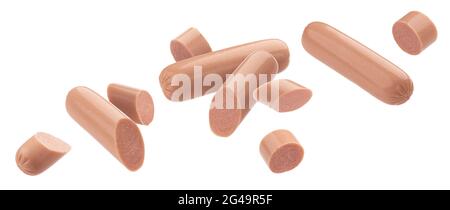 Falling boiled sausages isolated on white background Stock Photo