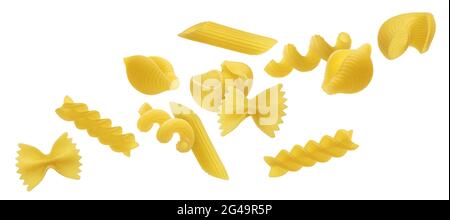 Falling raw pasta mix isolated on white background Stock Photo