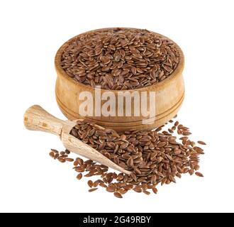 Linseed in wooden scoop and bowl isolated on white background Stock Photo