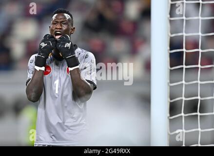 Doha, Qatar. 19th June, 2021. Goalkeeper Ali Aboeshren of Sudan reacts during the FIFA Arab Cup Qatar 2021 qualifying round football match in Doha, Qatar, June 19, 2021. Credit: Nikku /Xinhua/Alamy Live News Stock Photo