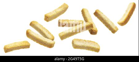 Falling bread croutons isolated on white background Stock Photo