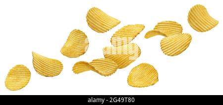 Falling ridged potato chips isolated on white background Stock Photo