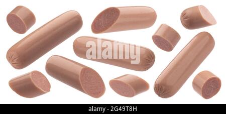 Whole and sliced boiled sausages isolated on white background Stock Photo