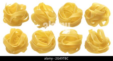 Raw tagliatelle pasta. Italian fettuccine isolated on white background Stock Photo
