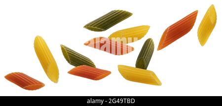 Falling colored penne rigate pasta isolated on white background Stock Photo