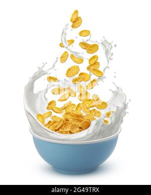 Corn flakes with milk splash isolated on white background Stock Photo