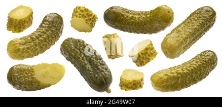 Pickled gherkins, marinated cucumbers isolated on white background Stock Photo