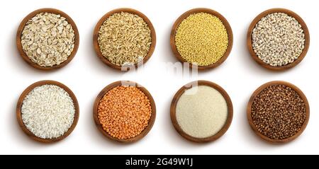 Cereals, grains and seeds in bowls isolated on white background, top view Stock Photo