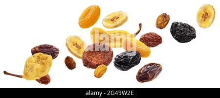Falling dried fruits isolated on white backgroun Stock Photo
