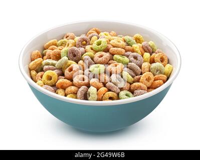Colorful corn rings in bowl isolated on white background Stock Photo