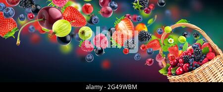 Fresh berries in wicker basket isolated on multicolor background Stock Photo