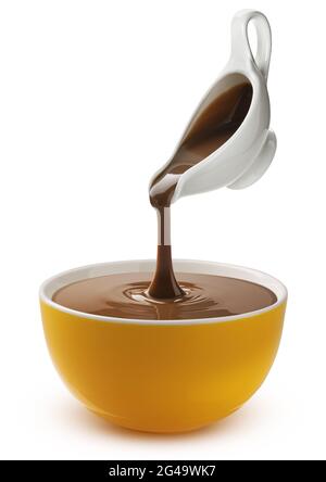 Pouring melted chocolate isolated on white background Stock Photo