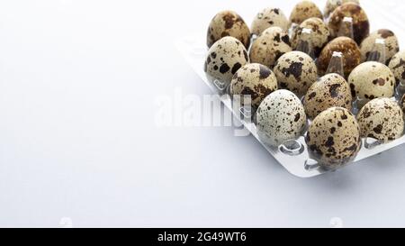 Fresh quail eggs isolated on white background with copy space Stock Photo