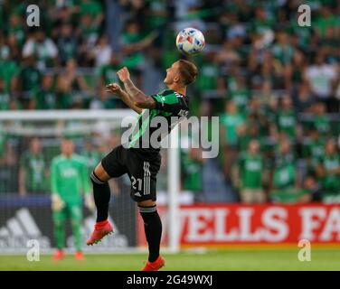 Austin, Texas, USA. 19th June, 2021. Austin FC defender Zan Kolmanic (21) heads the ball during the first half of a Major League Soccer match between Austin FC and the San Jose Earthquakes on June 19, 2021 in Austin, Texas. Credit: Scott Coleman/ZUMA Wire/Alamy Live News Stock Photo