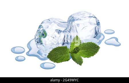 Ice cubes with mint leaves isolated on white Stock Photo