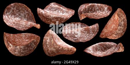 Thin salami smoked sausage slices on black background Stock Photo