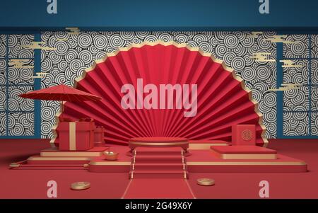 Empty room with red background, 3d rendering. Computer digital drawing. Stock Photo