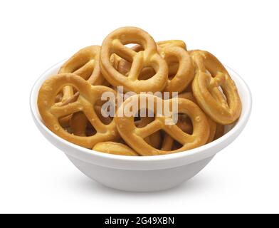 Salted pretzels in bowl isolated on white background Stock Photo