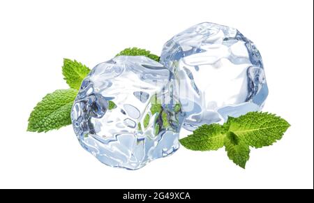 Ice cubes with mint leaves isolated on white background Stock Photo