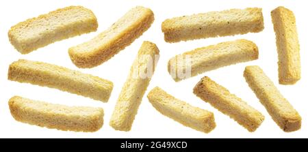 White bread croutons, salted bread sticks isolated on white background Stock Photo