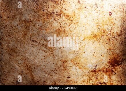 Metal background with oil stains, dirty oven baking tray Stock Photo