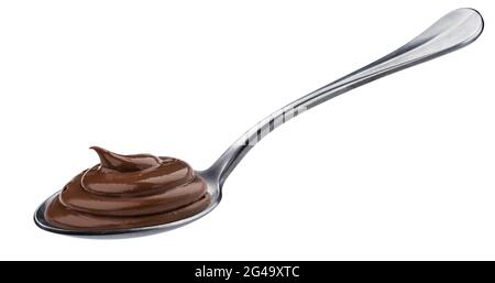 Swirl of chocolate cream in spoon isolated on white background Stock Photo