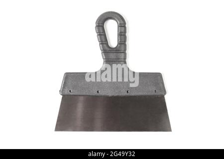 Putty knife with black plastic handle isolated Stock Photo