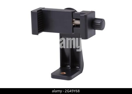 Plastic smartphone holder with tripod mount isolated on white background Stock Photo
