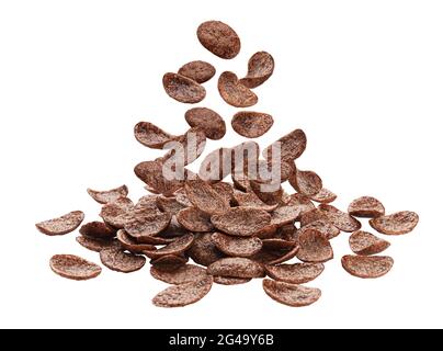 Falling chocolate corn flakes isolated on white background Stock Photo