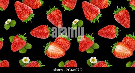 Strawberry seamless pattern on black background Stock Photo