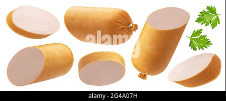 Boiled sausage slices in shell isolated on white background Stock Photo