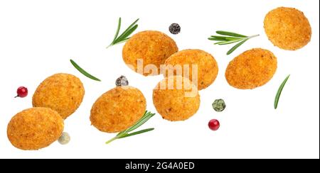 Falling coated peanuts isolated on white background Stock Photo