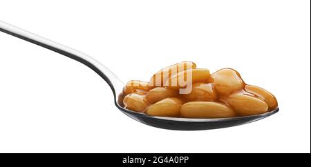 Spoon of baked beans in tomato sauce isolated on white background Stock Photo