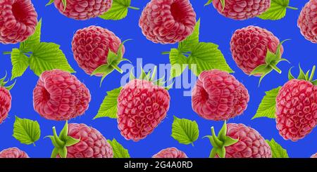 Raspberry seamless pattern isolated on blue background Stock Photo
