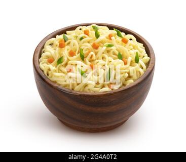 Wooden bowl of instant noodles isolated on white background Stock Photo