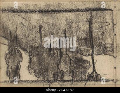 Trees on a hill. Drawing in a frame. Leaf 20 Verso from a sketchbook with 23 sheets. Stock Photo