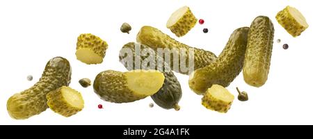 Pickled gherkins, marinated cucumbers isolated on white background Stock Photo
