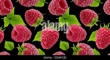 Raspberry seamless pattern on black background Stock Photo