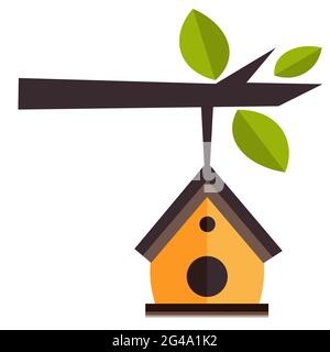 Vector Bird House hanging from a tree branch Stock Vector