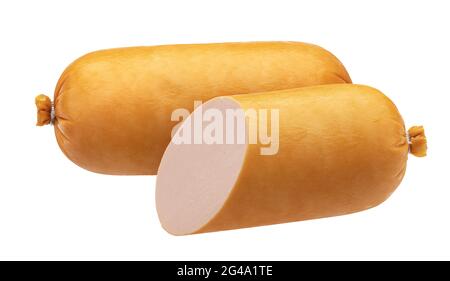 Boiled sausage in shell isolated on white background Stock Photo