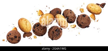 Falling broken chip cookies isolated on white background with clipping path, flying biscuits Stock Photo