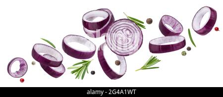 Sliced red onion rings isolated on white background with clipping path Stock Photo