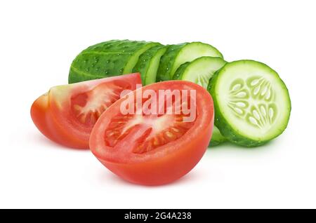 Fresh tomato and sliced cucumber isolated on white background Stock Photo