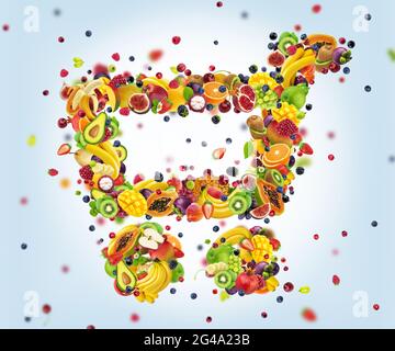 Grocery trolley made of fresh falling fruits isolated on white background Stock Photo