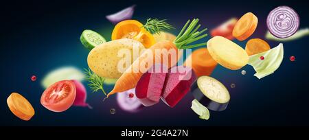 Falling mix of different vegetables isolated on black background Stock Photo