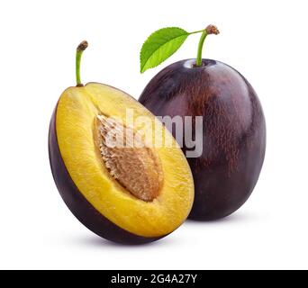 Plums with leaves isolated on white background Stock Photo