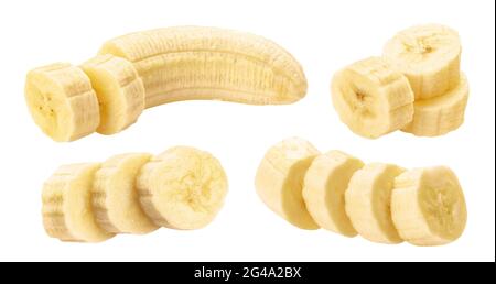 Peeled banana slices isolated on white background Stock Photo