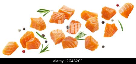 Falling salmon slices isolated on white background Stock Photo