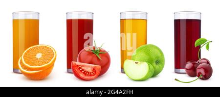 Glasses of different juice, fruits and berries isolated on white background Stock Photo