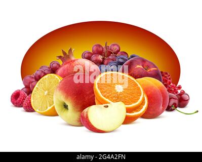 Heap of different fruits and berries isolated on white background Stock Photo